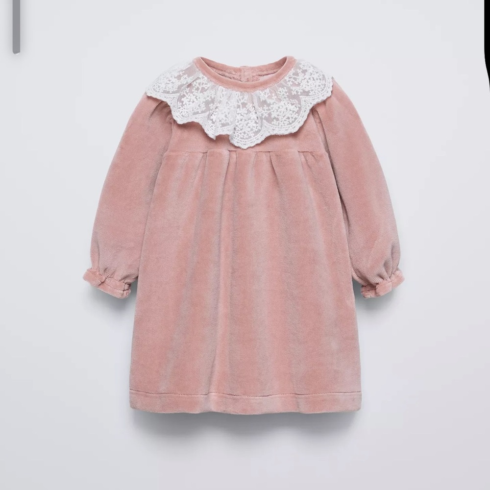 Zara Pink Embroidered Velour Dress with White Lace Collar